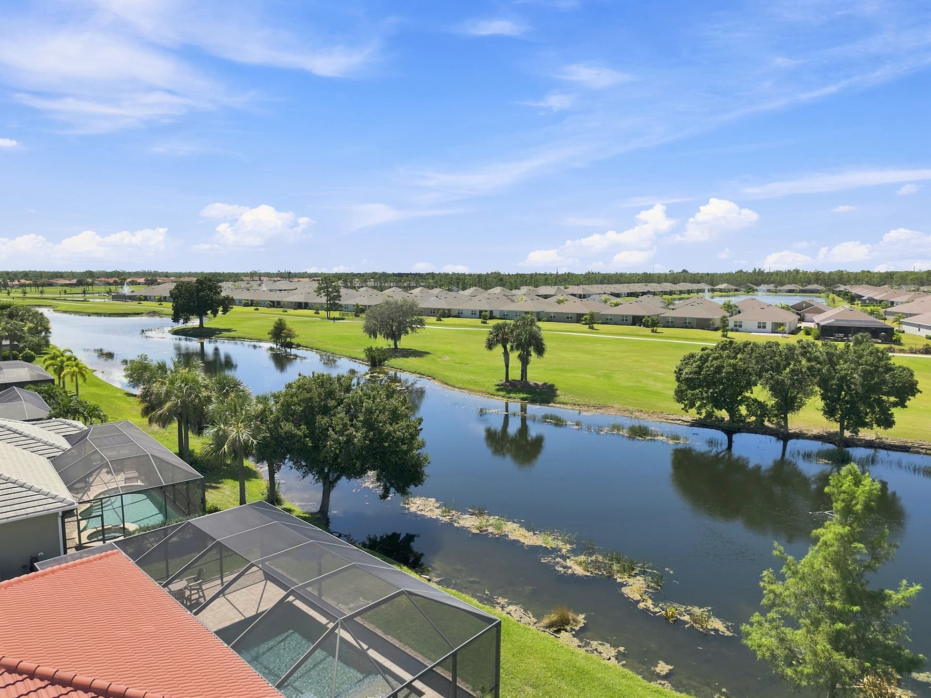 Drone photo of a lake-lined residential community with golf course and palm trees