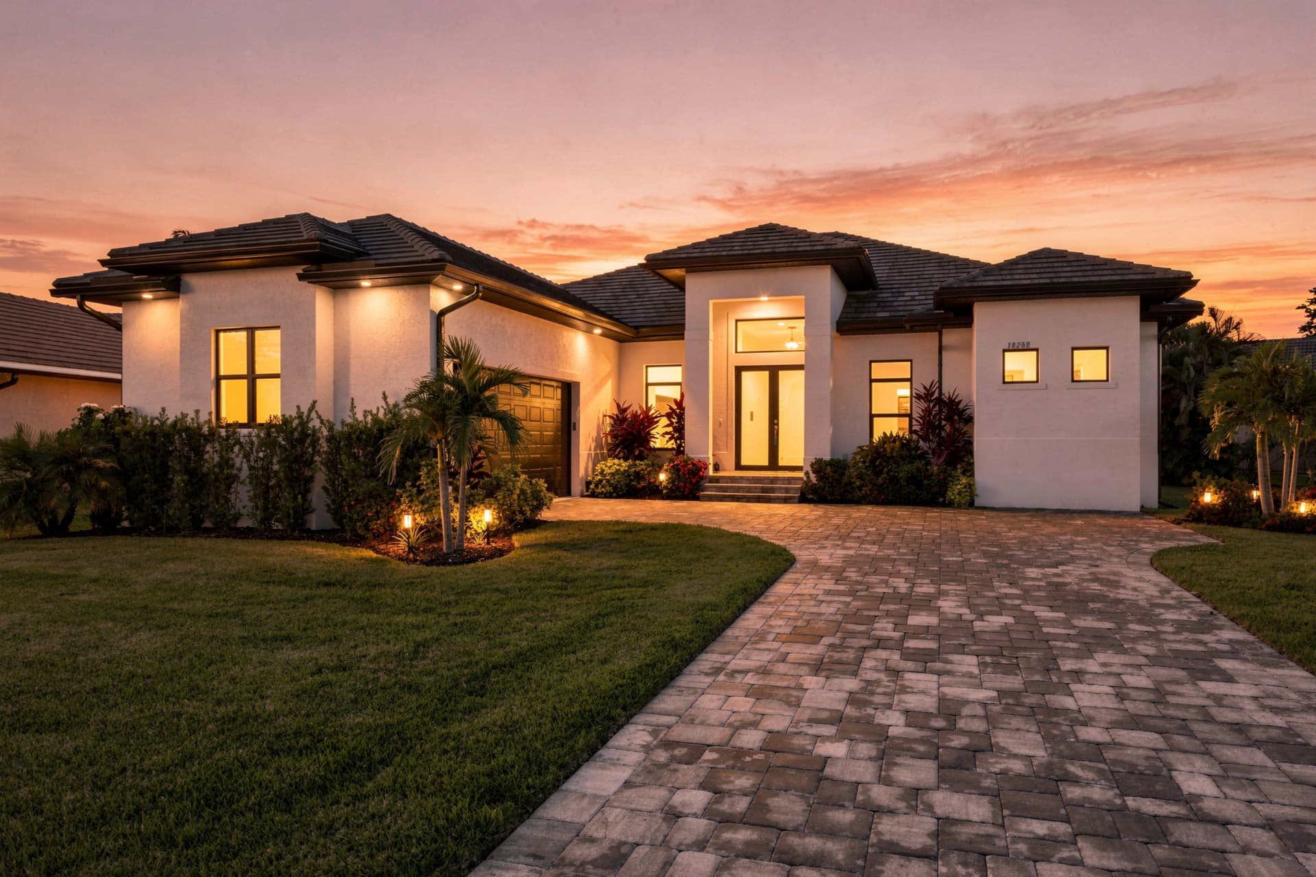 Southwest Florida home at twilight with warm interior lighting and a sunset sky