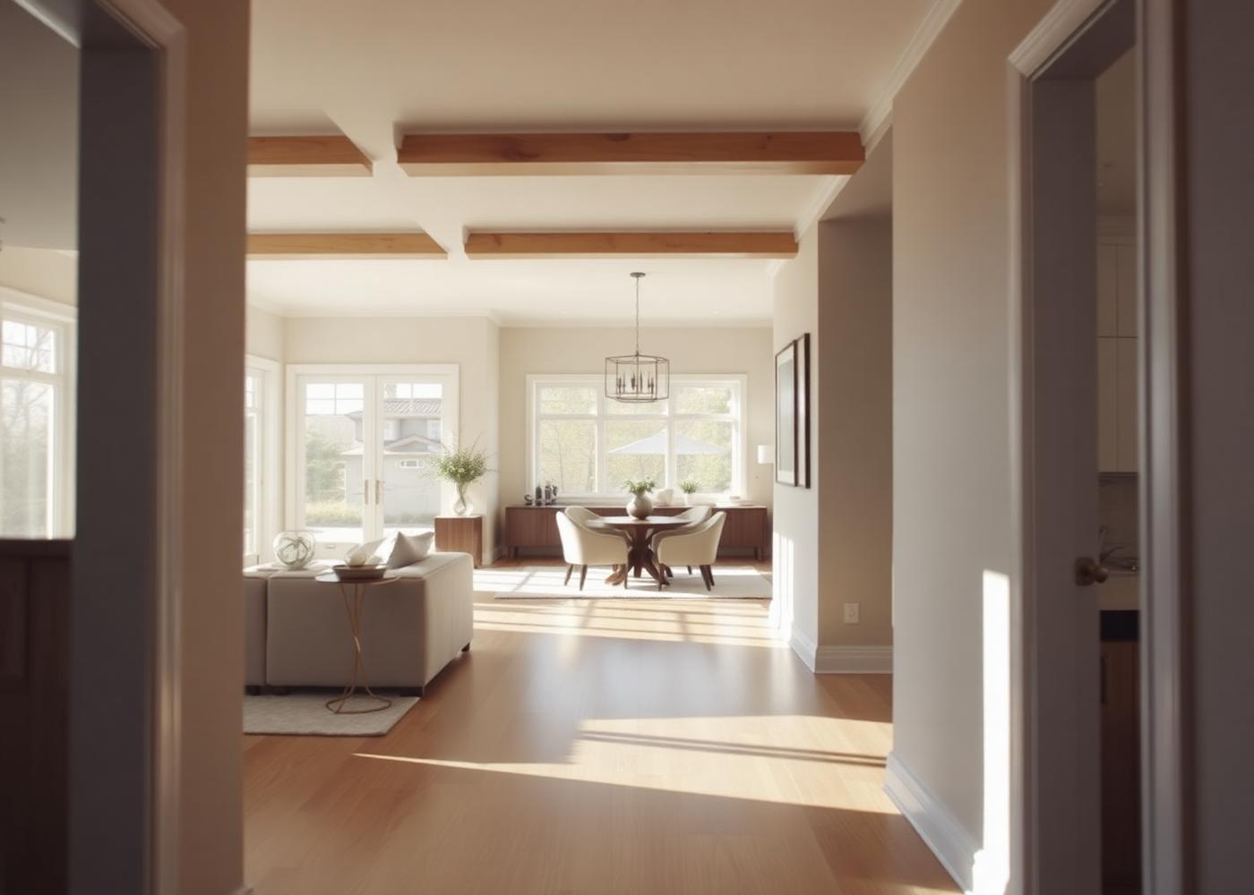 Still frame from a walkthrough video of a bright open-plan home